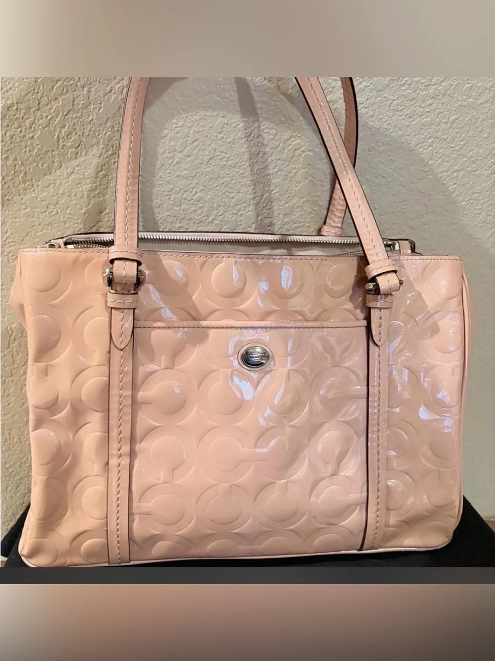 Coach “Peyton Op Art” F24607 Patent Leather Glossy Carry All Bag in Light Pink
